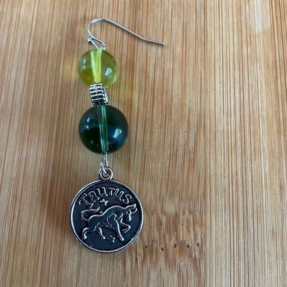 Hand Crafted Zodiac Earrings Taurus Charm Green Lime Beads Silver Heart Pierced - Picture 7 of 9